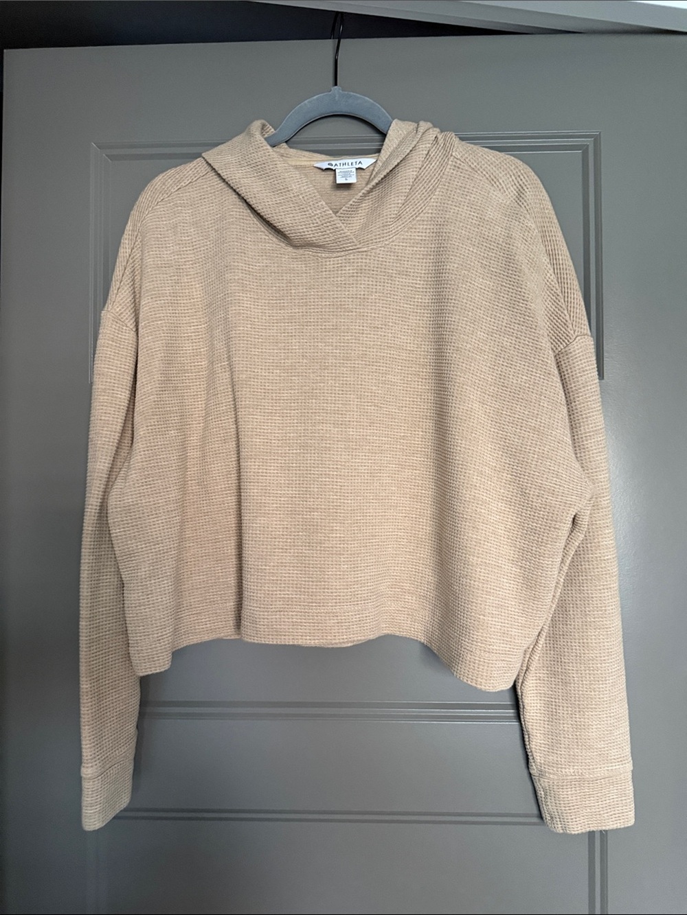 Athleta Tranquil Cropped Waffle-Knit Hoodie in Tan